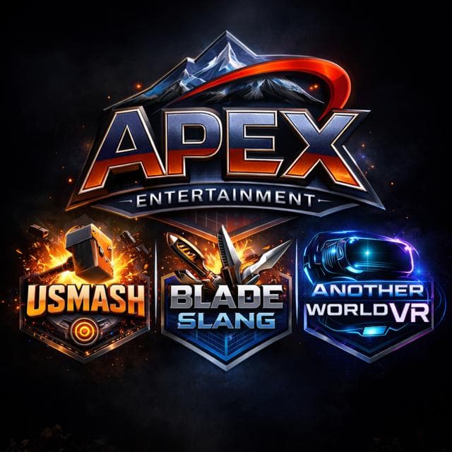 Apex Entertainment logo above three gaming titles: Usmash, Blade Slang, and Another World VR.