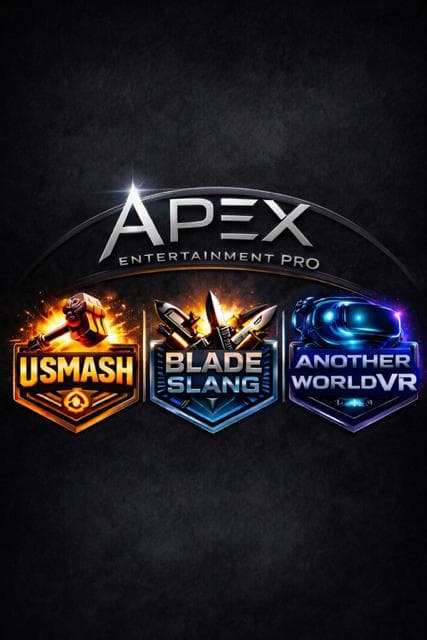 Apex Entertainment Pro logo above Usmash, Blade Slang, and Another World VR game icons.