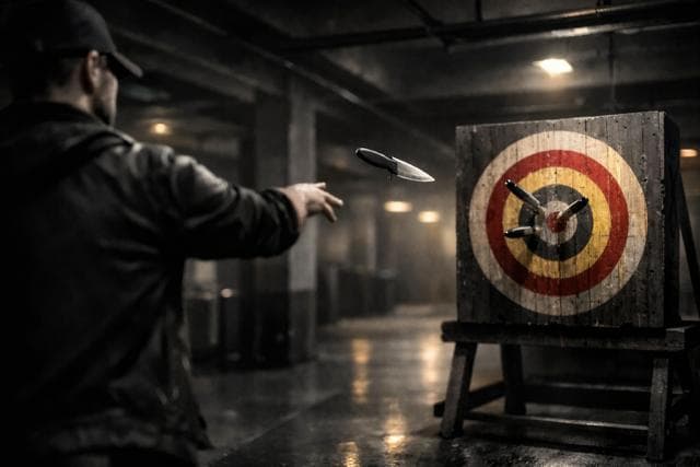 Man throws a knife toward a wooden bullseye target in a dark, industrial setting.